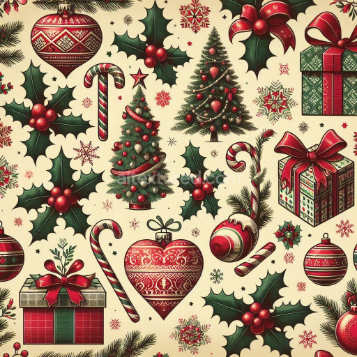 Seamless 3D PBR texture of vintage Christmas ornaments, holly, and gifts