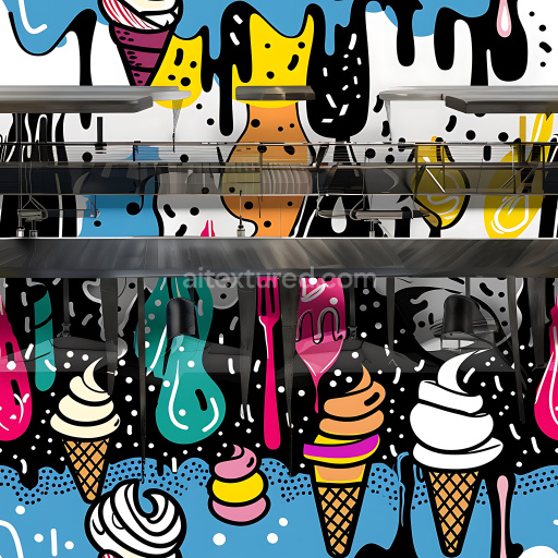 Seamless 3D PBR texture of bright pop art style graffiti with ice cream motifs