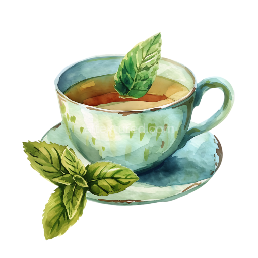 Watercolor Peppermint Tea Cup Breakfast Illustration with Fresh Mint Leaves