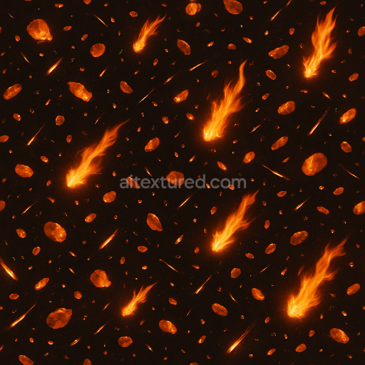 Seamless 3d texture illustrating burning fragments and spark trail effects in fiery explosion in 8k pbr
