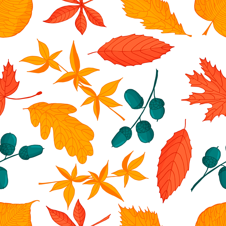 Colorful Autumn Leaves and Acorns Pattern seamless PBR texture preview