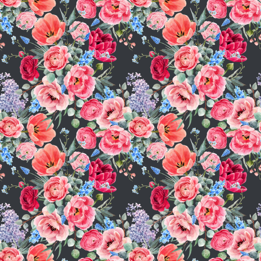 Floral Fabric Texture with Vibrant Pink Flowers on Dark Background seamless Pink Flower PBR texture