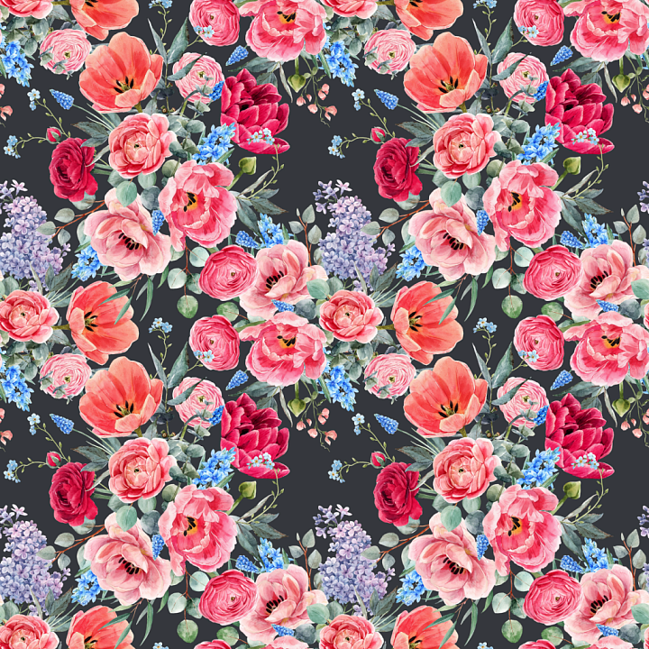 Floral Fabric with Vibrant Pink Flowers on Dark Background seamless PBR texture preview