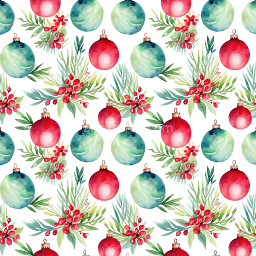 Seamless 3D PBR Watercolor Christmas Ornaments and Greenery Texture