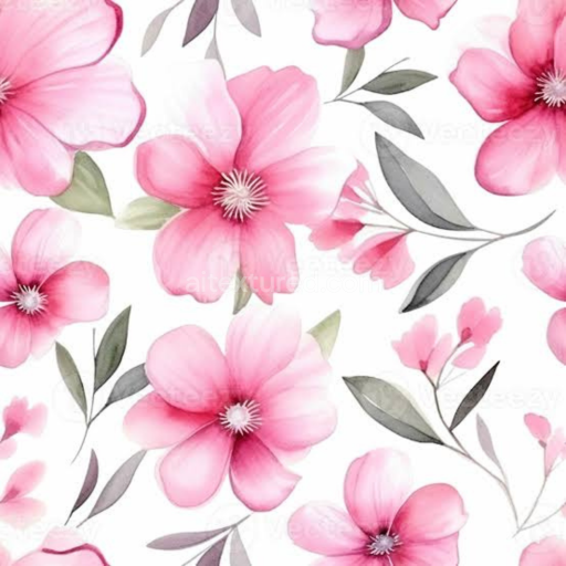 Seamless 3D PBR Pink Flower Watercolor Fabric Texture with Soft Petals and Leaves