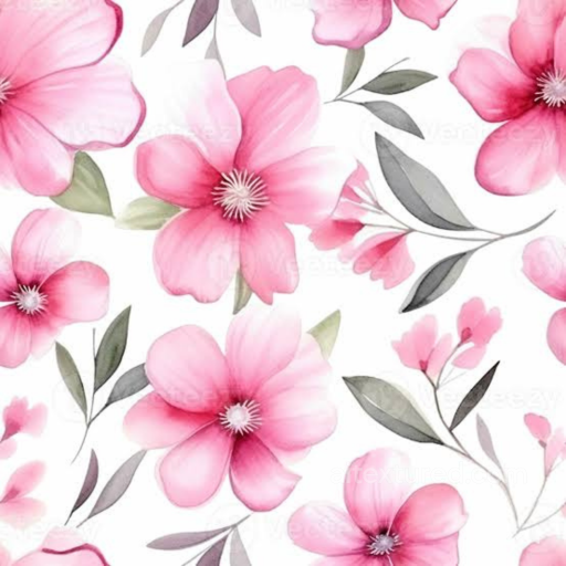 Pink Flower Watercolor Fabric Texture with Soft Petals and Leaves seamless Pink Flower PBR texture