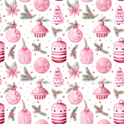 seamless Seamless 3D PBR Texture of Pink Hand-Painted Christmas Ornaments and Green Pine Sprigs texture 8k free download PBR