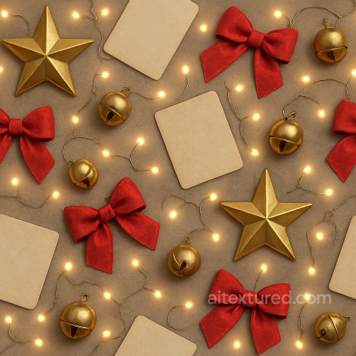 Star Ornament Christmas Card Festive Bow Metal Bell Twinkling Lights seamless Merry christmas PBR texture