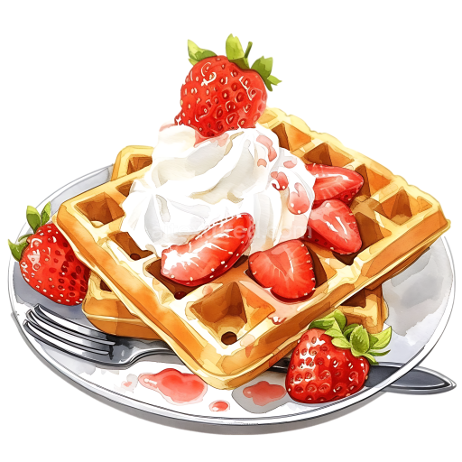 Breakfast Belgian Waffles with Strawberries and Whipped Cream Illustration