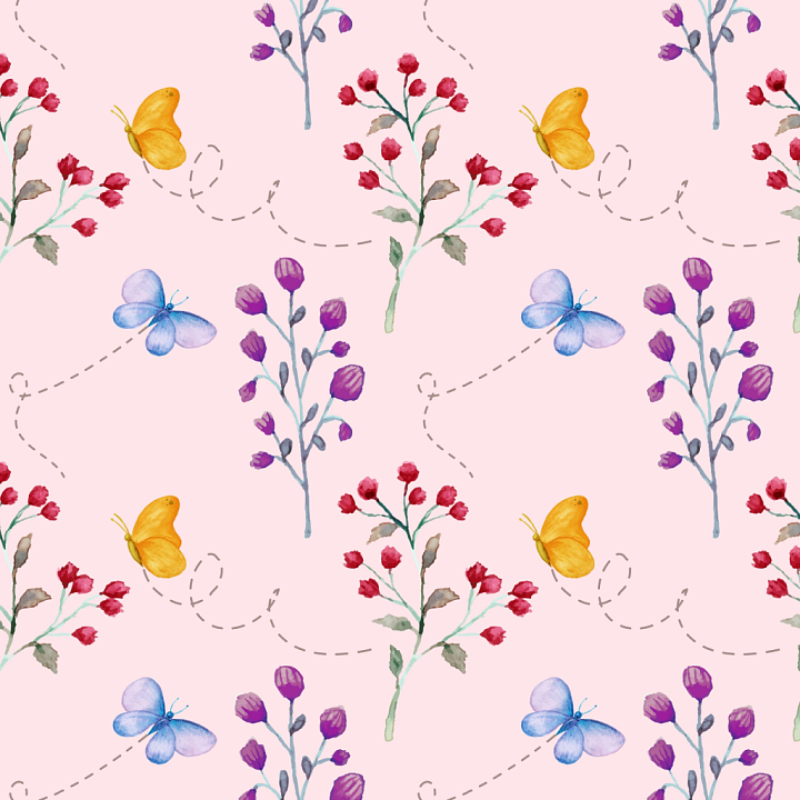 Watercolor Butterflies and Floral Pattern Fabric seamless PBR texture preview