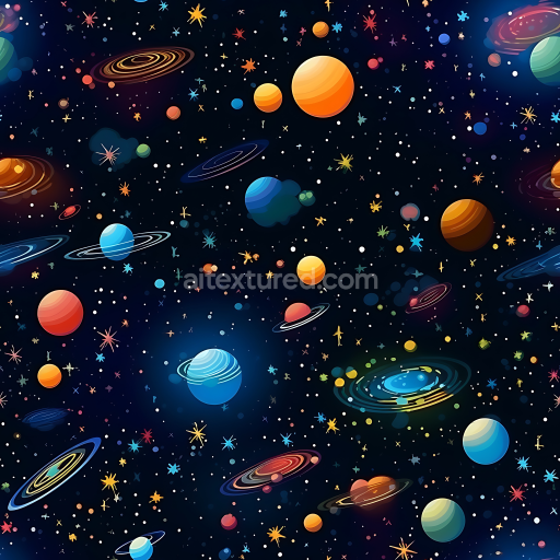 Seamless 3D Space PBR Texture Featuring Colorful Cartoon Planets & Starfield
