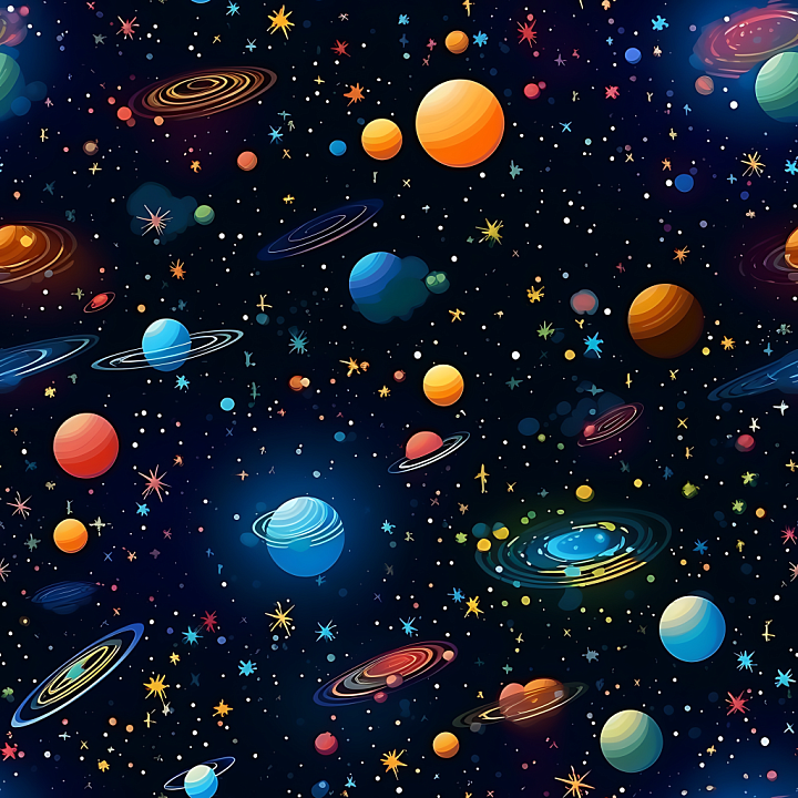 Space Featuring Colorful Cartoon Planets & Starfield seamless PBR texture preview