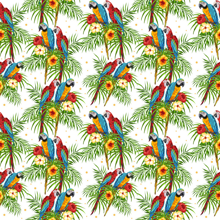 Pattern Featuring Tropical Parrots and Vibrant Floral Motifs seamless PBR texture preview