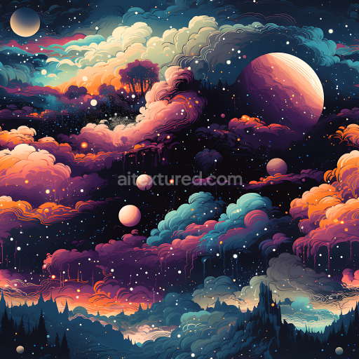 Seamless 3D Space PBR Texture Featuring Vibrant Cosmic Nebula Clouds and Multi-Planetary Sky