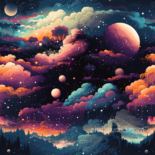 Space PBR Texture Featuring Vibrant Cosmic Nebula Clouds and Multi-Planetary Sky seamless Star, space, planets PBR texture