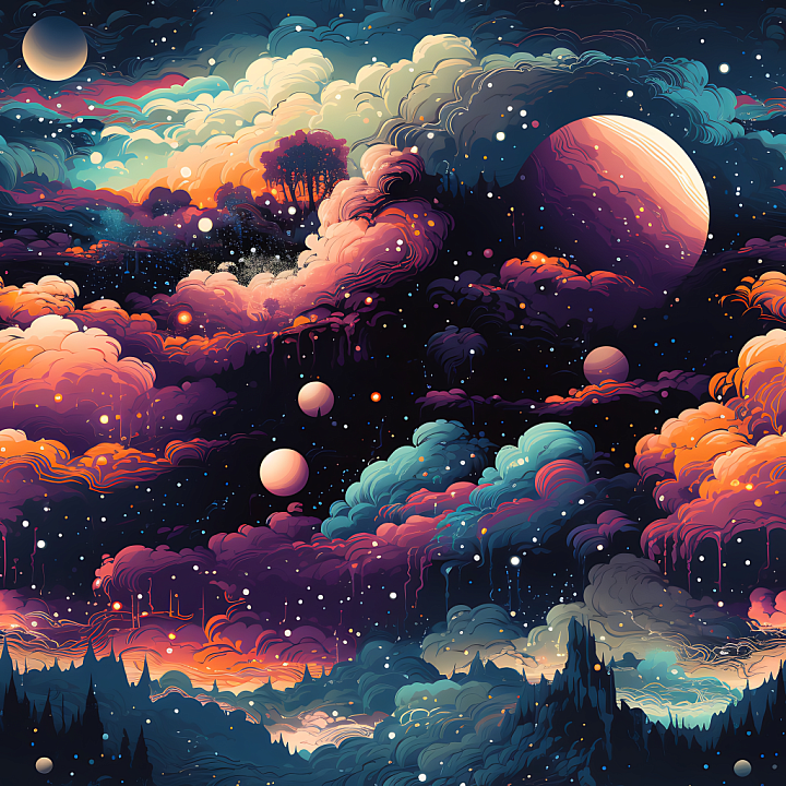 Space Featuring Vibrant Cosmic Nebula Clouds and Multi-Planetary Sky seamless PBR texture preview