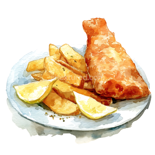 Watercolor Fish and Chips Breakfast Plate with Potato Wedges and Lemon Slices