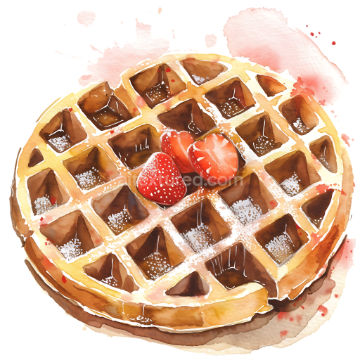 Watercolor Belgian Liege Waffles Breakfast Graphic with Strawberries