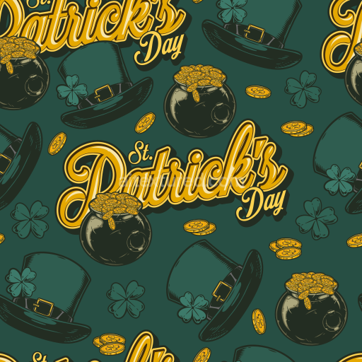 Seamless 3D PBR Texture with St Patrick's Day Coins, Leprechaun Hats & Clovers