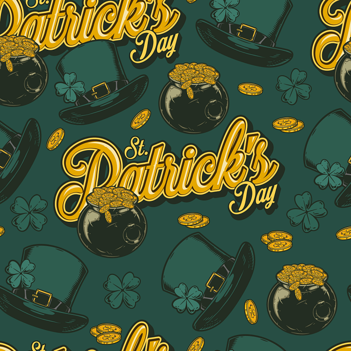 with St Patrick's Day Coins, Leprechaun Hats & Clovers seamless PBR texture preview