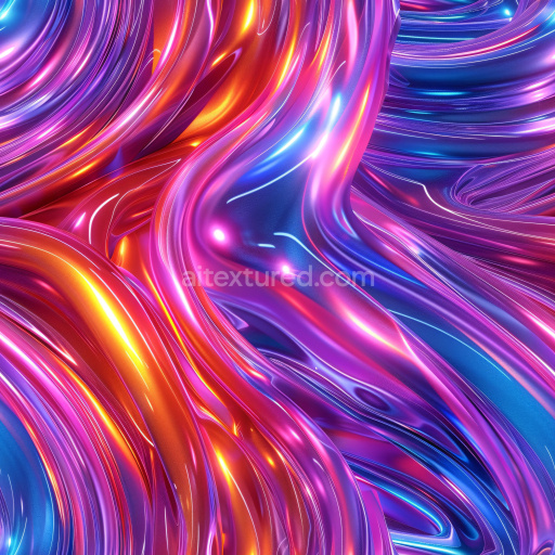 Seamless 3D PBR texture of vibrant glossy flowing curves with intense neon reflections