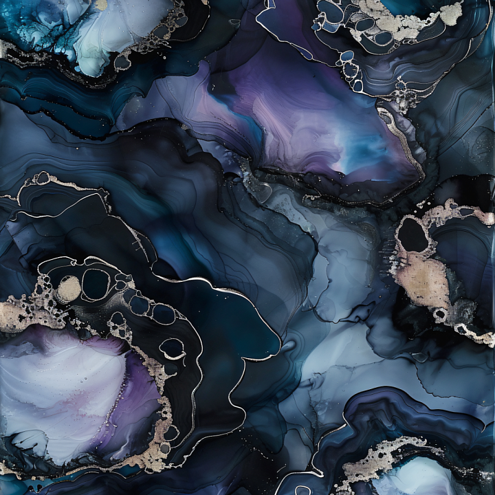 Alcohol Ink Featuring Blue and Violet Fluid Waves with Metallic Veins seamless PBR texture preview