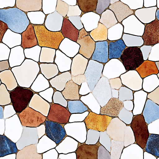 Seamless 3D mosaic PBR texture featuring irregular stone chips in warm and blue hues texture preview