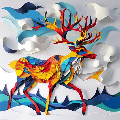 Seamless 3D PBR Texture Featuring Colorful Origami-Style Caribou Pattern