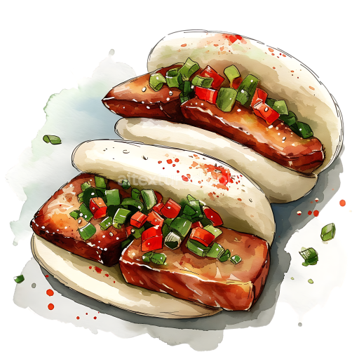 Breakfast Bao Buns with Pork Belly and Fresh Herbs Illustration