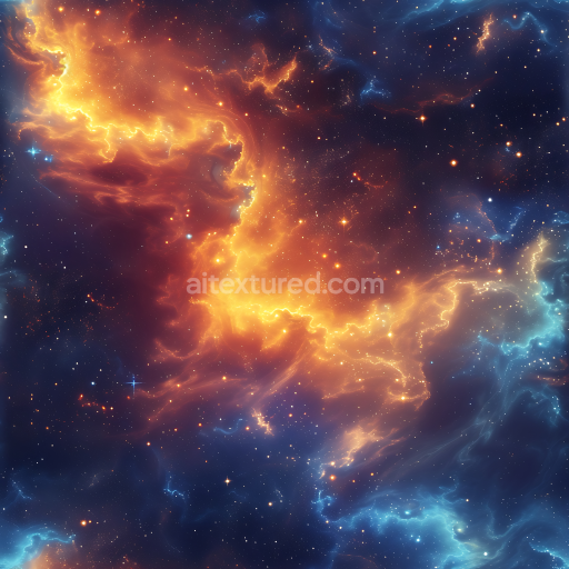 Seamless 3D Space PBR Texture Featuring Fiery Orange Nebula and Deep Blue Starfield