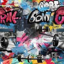 seamless Seamless 3D PBR Texture of Multicolored Graffiti on Brick Wall with Urban Fitness Theme texture 8k free download PBR