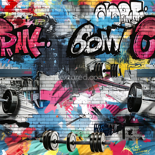 Seamless 3D PBR Texture of Multicolored Graffiti on Brick Wall with Urban Fitness Theme