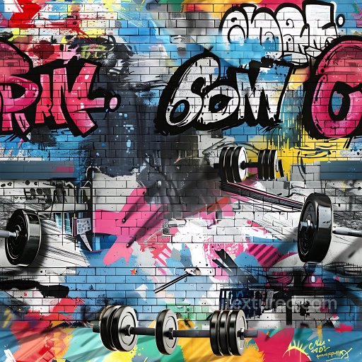 Seamless 3D PBR Texture of Multicolored Graffiti on Brick Wall with Urban Fitness Theme texture preview