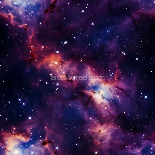 Seamless 3D Space PBR Texture Featuring Vivid Nebula and Starfield in Purple and Orange Hues