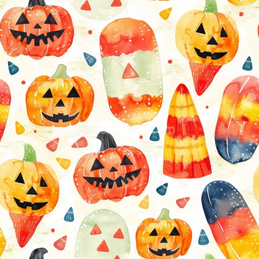 Seamless 3D PBR Texture with Watercolor Halloween Pumpkins & Candy Pattern