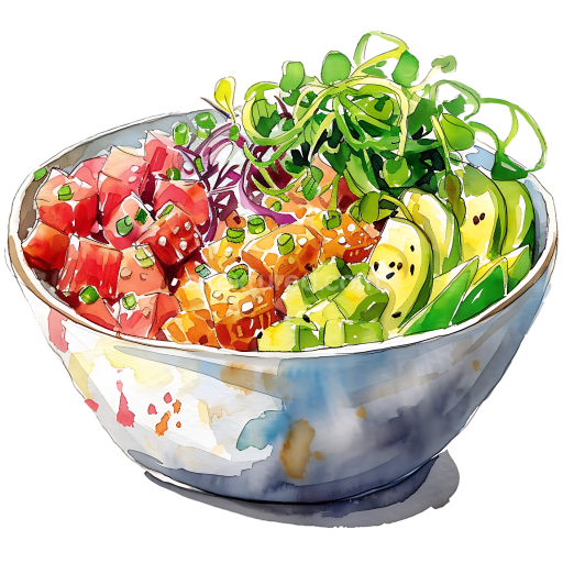 Bright Hawaiian Poke Bowl Breakfast Illustration with Fresh Ingredients