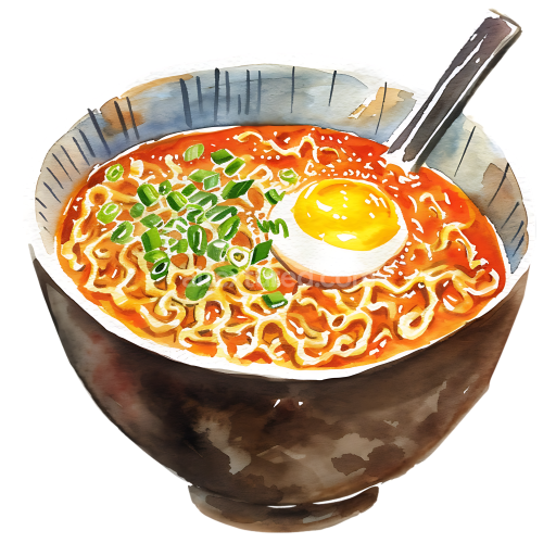 Illustrated Ramen Noodles Breakfast Bowl with Egg and Scallions