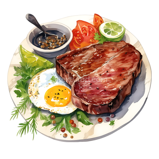 Breakfast Plate Illustration with Ribeye Beef Steak, Fried Egg, and Fresh Garnishes