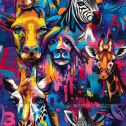 Seamless 3D PBR Texture Featuring Colorful Animal Graffiti Mural on Brick Wall texture preview