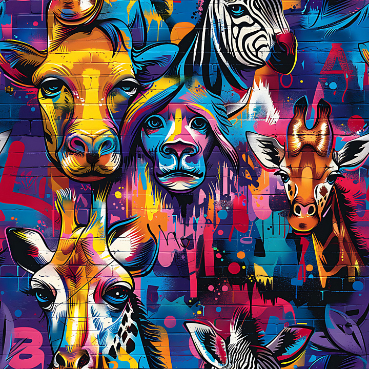 Featuring Colorful Animal Graffiti Mural on Brick Wall seamless PBR texture preview