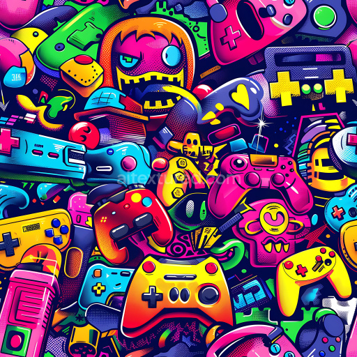 Seamless 3D PBR Texture Featuring Vibrant Gaming Graffiti Art