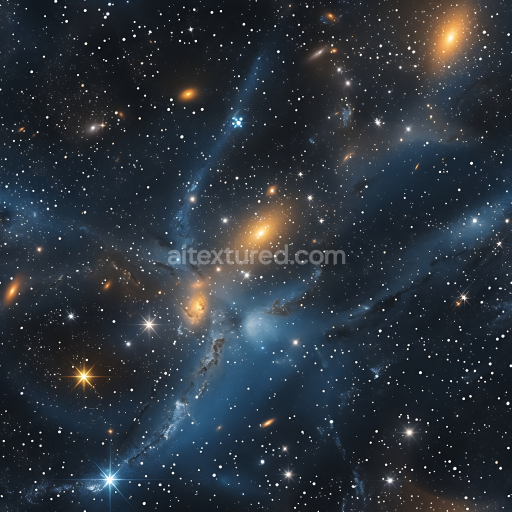 Seamless 3D Space PBR Texture Featuring Nebula Veins and Galaxy Clusters in Blue and Gold