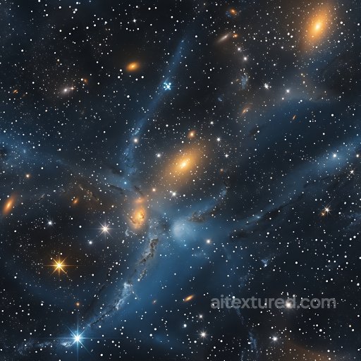 Space PBR Texture Featuring Nebula Veins and Galaxy Clusters in Blue and Gold seamless Star, space, planets PBR texture
