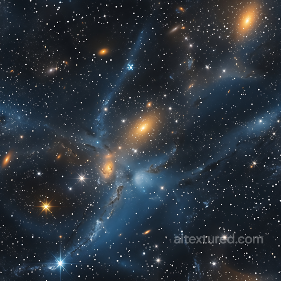 Space PBR Texture Featuring Nebula Veins and Galaxy Clusters in Blue and Gold Star, space, planets texture preview