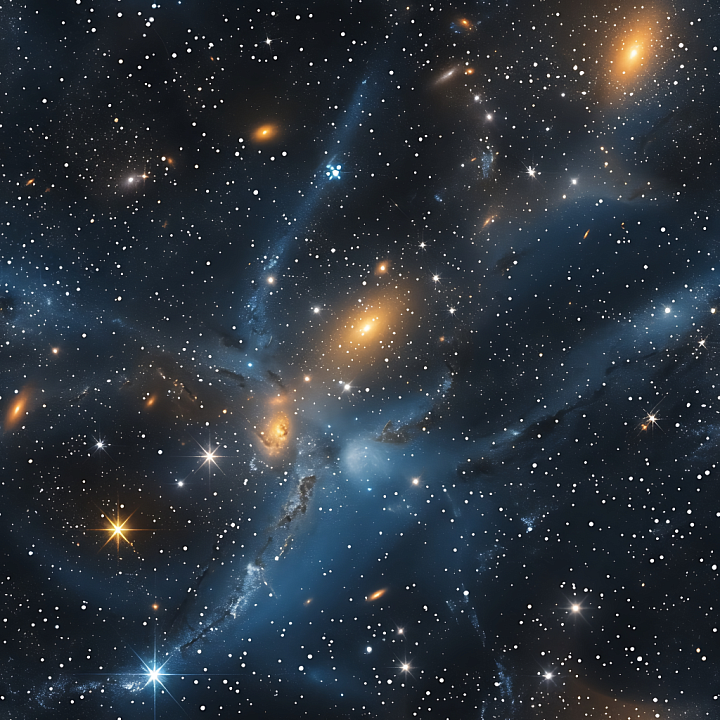 Space Featuring Nebula Veins and Galaxy Clusters in Blue and Gold seamless PBR texture preview