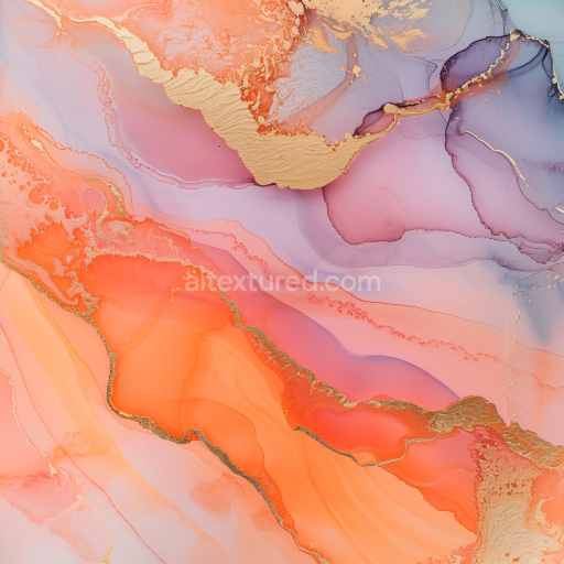 Seamless 3D Alcohol Ink PBR Texture with Orange and Purple Fluid Waves and Gold Veins