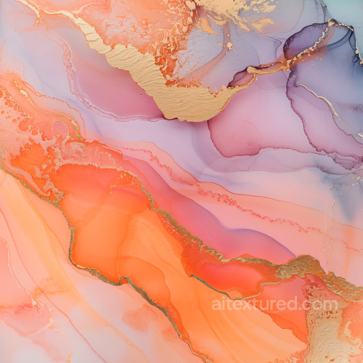Alcohol Ink PBR Texture with Orange and Purple Fluid Waves and Gold Veins seamless Alcohol ink PBR texture