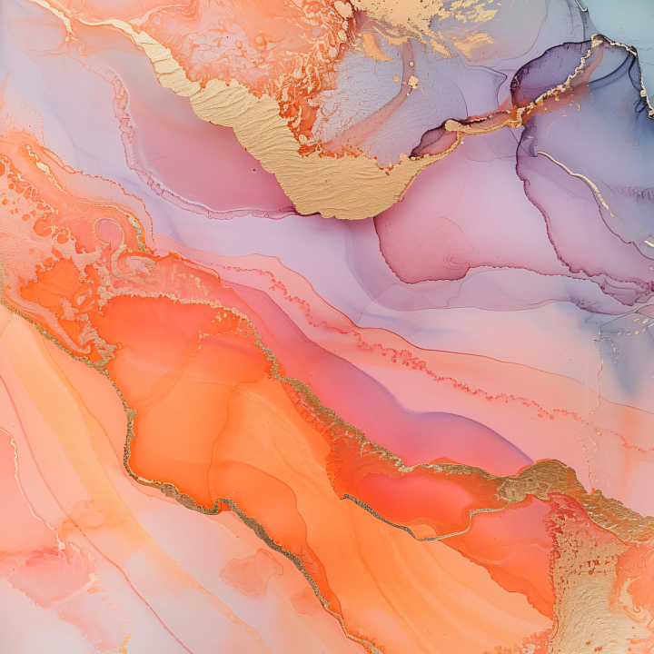 Alcohol Ink with Orange and Purple Fluid Waves and Gold Veins seamless PBR texture preview