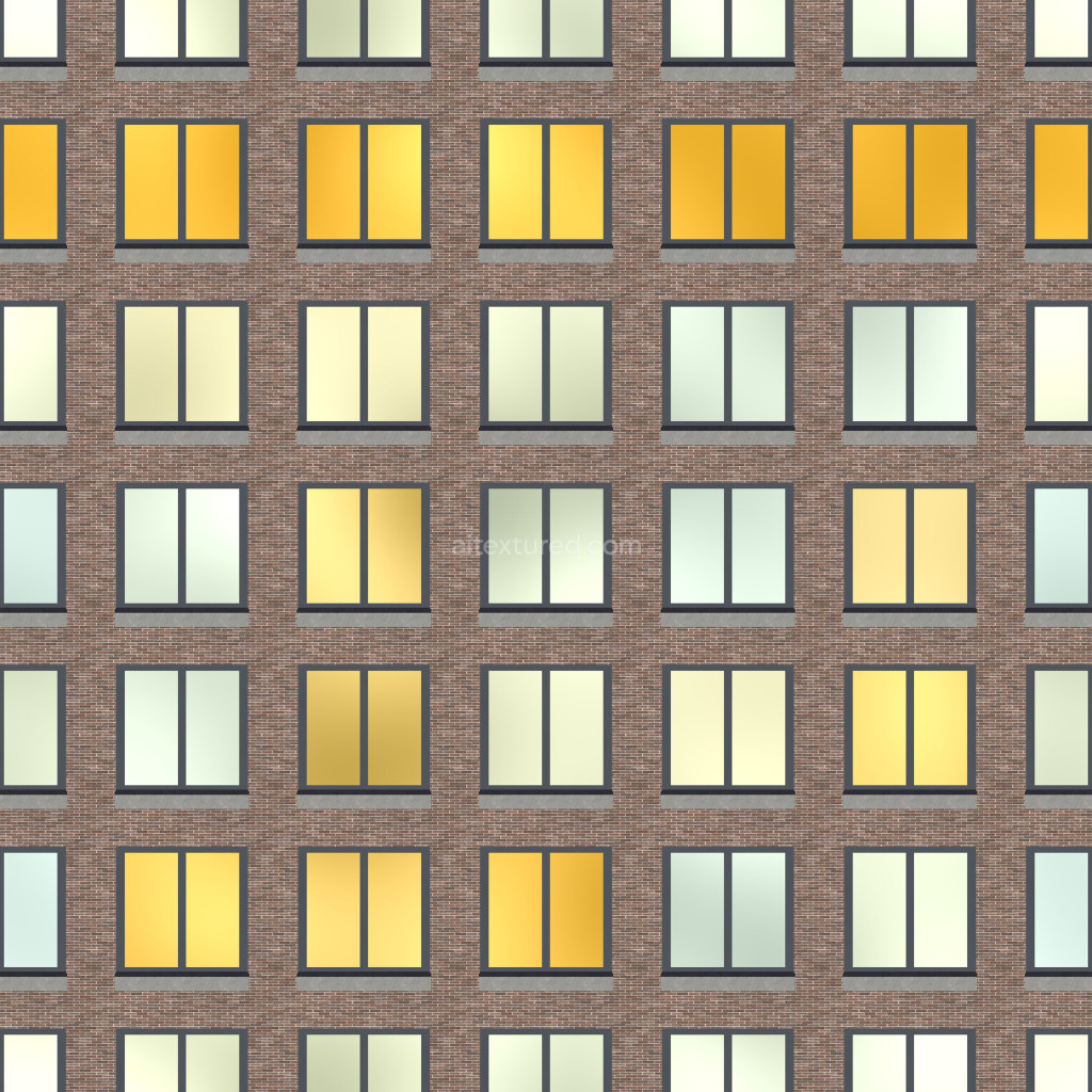 Seamless PBR facade texture with windows and brick pattern