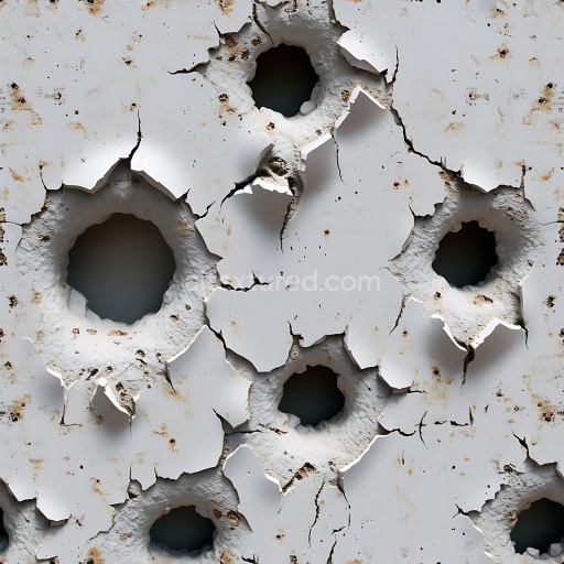 Seamless 3D cracked and holes PBR texture of shattered white metal with rust spots